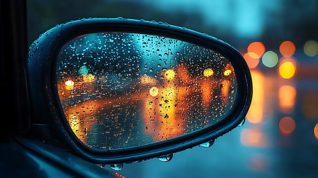 Zoomed-in droplet on a car side mirror with rain intensifying into a flood around the vehicle 