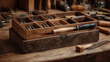 Wooden tool box with assorted hand-crafted tools