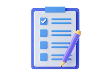 A blue clipboard with a checklist and a purple and yellow pen.