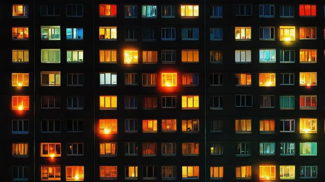 A stunning view of illuminated apartment windows at night, showcasing a vibrant urban lifestyle and living atmosphere.