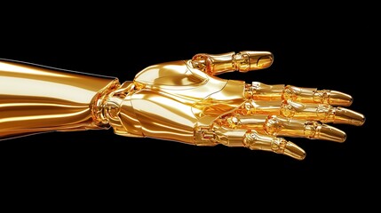 Golden robotic hand extending, intricately designed metallic fingers, showcasing innovation and technology, emphasizing progress.
