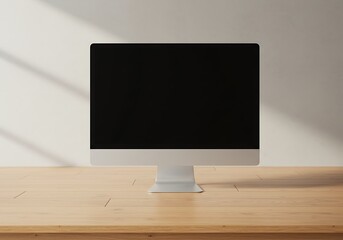 Serene Workspace: Sunlight on Wooden Desk, Modern Computer