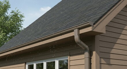 House Gutter System Protection From Rain Damage - Home protection, water drainage, gutter system, roof shingles, exterior siding. Ensuring a dry home