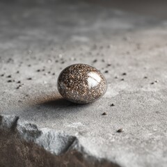 Close-up of chia seeds in a clear orb resting on a textured gray surface. The seeds are a mix of black and white.  A minimalist healthy food concept.