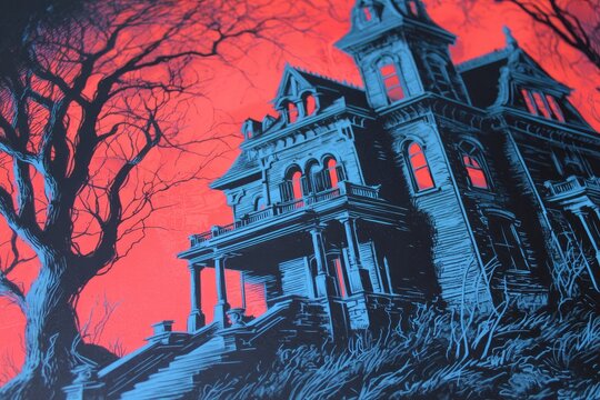 Silk screen poster style advertising a phantom ball at a haunted manor