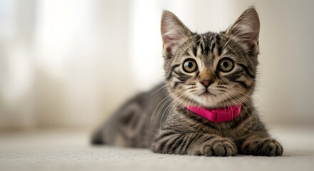 Obraz premium A sweet tabby kitten with a bright pink collar looks peacefully at the camera on the carpet.