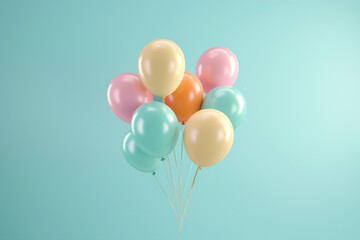 Bunch of pastel party balloons with glossy surface floating against blue background with copy space