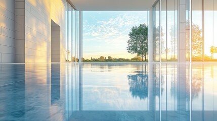 Spacious modern interior with a tranquil outdoor view.