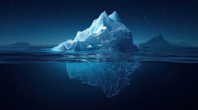 Iceberg hidden beneath the surface of the ocean at night