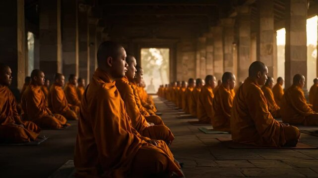 Meditating Monks in Ancient Temple Interior Spiritual Practice in Serene Light