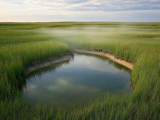 Fototapeta premium Serene Coastal Marsh Landscape Tranquil Pond in Lush Green Grassland under a Cloudy Sky