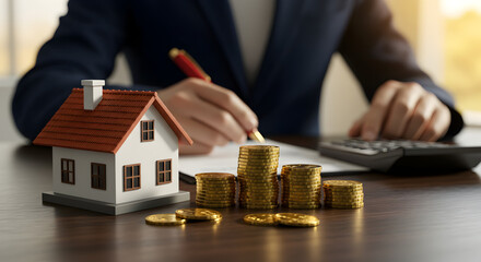 Toy House and Gold Coins with Person Calculating Financials in a Blurry Setting in a Natural Light