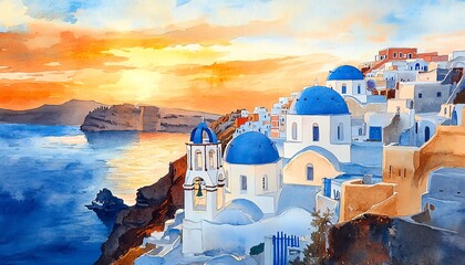 Vibrant watercolor sunset over Santorini, Greece.