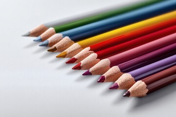 Assortment of colored pencils, arranged in a row. Includes gray, green, blue, yellow, red, pink, purple and brown.