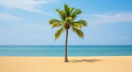 Obraz premium Lone Palm Tree on Tropical Beach - Serene view of a single palm tree standing tall on a pristine sandy beach, bathed in sunlight against a tranquil turquoise ocean