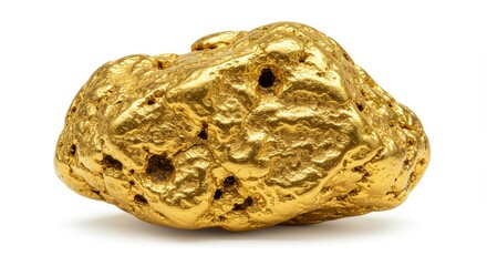 Obraz premium Luminous Gold Nugget - A close-up shot of a lustrous, uneven gold nugget against a white background. Perfect for finance, wealth, or luxury themes