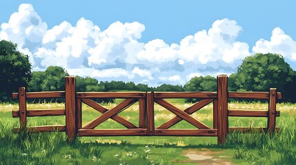 Fototapeta premium Rustic wooden gate in a grassy field under a partly cloudy sky. Possible use Stock photo for nature, rural landscapes, farms, or gardening