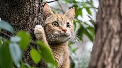 Curious ginger feline clinging to a tree trunk.