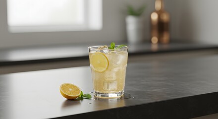 Refreshing Lemon Drink with Ice and Mint on Kitchen Counter