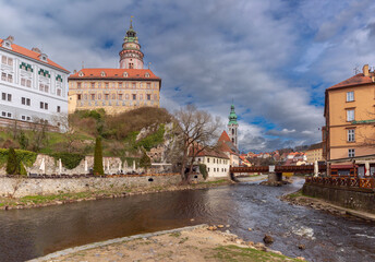 View of the river and the historical part of the city, Cesky Krumlov, Czech Republic