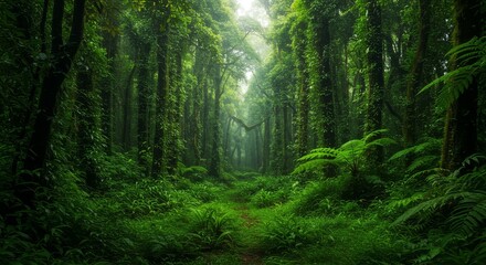 Fototapeta premium Lush Green Jungle Path - Serene jungle path, vibrant foliage, sunlight filtering through canopy, peaceful atmosphere, sense of exploration