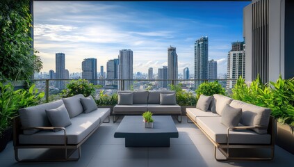 Urban balcony lounge with city views
