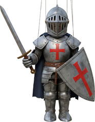 Naklejka premium Medieval Knight Puppet Crusader Armor Sword Shield Red Cross Toy Marionette Historical Figure
