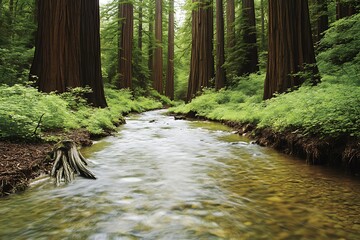 Obraz premium Serene Stream Flowing Through Redwood Forest Lush Green Vegetation Tranquil Nature Scene
