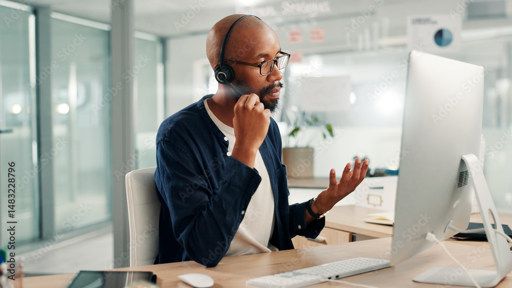 Poster office, call center and black man on computer talking for contact us, crm service or customer suppor