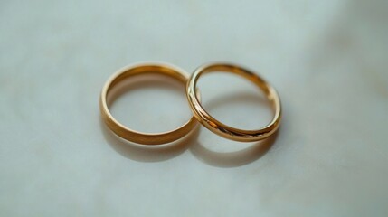Two elegant golden wedding rings side by side on white, symbolizing eternal love and unity -