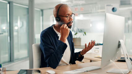 Office, call center and black man on computer talking for contact us, crm service or customer...