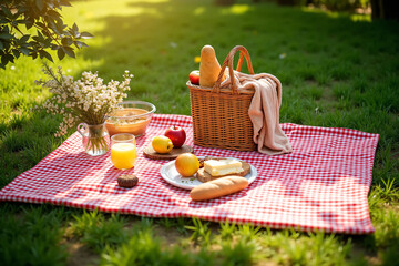 Aesthetic Summer Picnic Setup with Gingham Blanket, Wicker Basket, Fresh Fruits, Cheese Board, and Lemonade in Golden Light - Cozy Lifestyle Scene for Outdoor or Food Branding