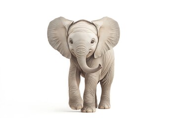 Fototapeta premium A light gray baby elephant walking forward with its trunk curled on a stark white background stage