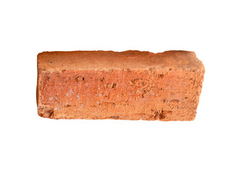 Side view of single cracked old red or orange brick isolated with clipping path in png file format