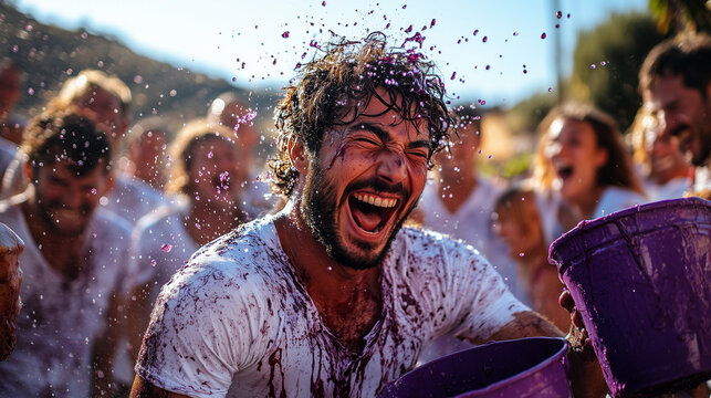 A chaotic scene from La Batalla del Vino in Haro, Spain, participants drenched in red wine laughing and spraying each other with buckets and bottles. 