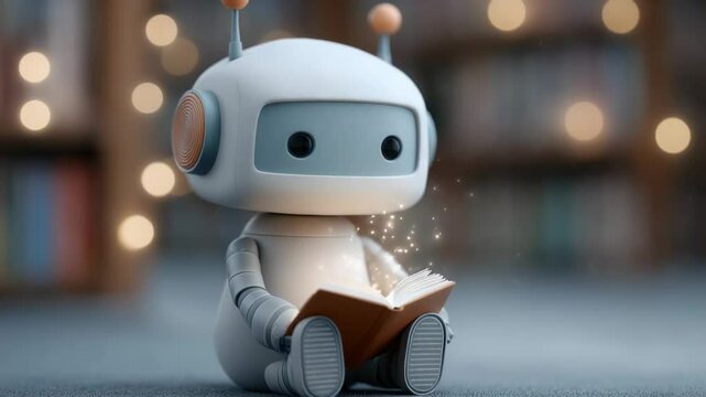 Cute robot engrossed in reading book, surrounded by sparkling lights, cozy atmosphere