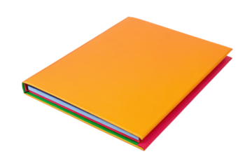 Colorful folder with multiple sections, featuring a bright orange cover and neatly organized pages.