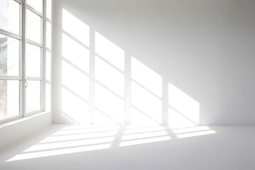 Fototapeta premium Sunlight casts dramatic shadows on a white room with a large window.