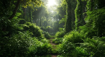 Obraz premium Lush Rainforest Path - Serene path through a vibrant, sun-dappled rainforest. Lush green foliage and towering trees create a tranquil atmosphere