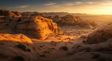 Fototapeta premium Majestic Desert Landscape at Sunset Golden Sandstone Formations and Sandy Plains