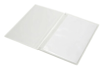 An open plastic folder with a clear sheet protector for holding documents.