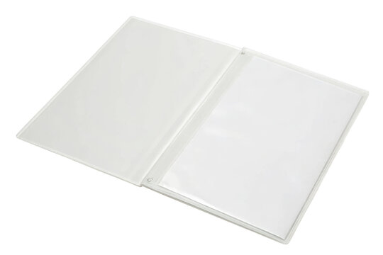 An open plastic folder with a clear sheet protector for holding documents.
