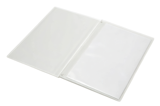 An open plastic folder with a clear sheet protector for holding documents.