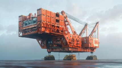 Fototapeta premium Large, rusty, orange industrial crane on a platform.