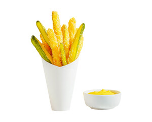 Isolated crispy pickle fries in white cone on transparent background. Concept of trendy snacks, bold flavors, and gourmet street food. Perfect for modern fast food, and food branding