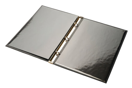 An open three-ring binder displaying empty, reflective sleeves.