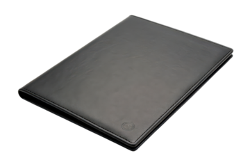 A sleek black leather portfolio folder with a subtle embossed logo on the corner.