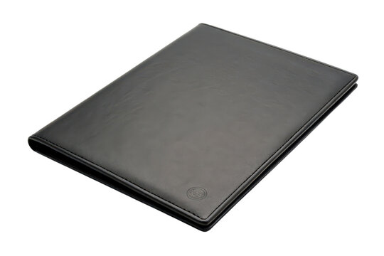 A sleek black leather portfolio folder with a subtle embossed logo on the corner.