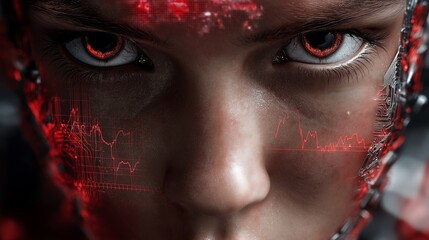 Naklejka premium Angry AI. Machines preparing negative answers, artificial intelligence. Science and technology interacting to suppress users. Negative perception. AI creation.