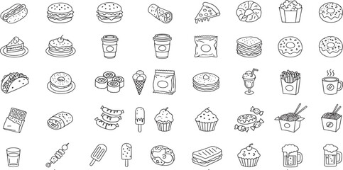 Fast Food Editable Icons set. Vector illustration in modern thin line style of restaurant menu related icons: burger, French fries, desserts, and more.